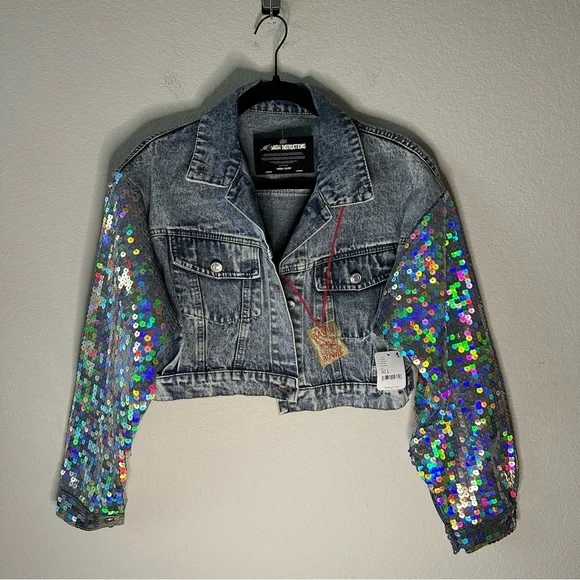 NWT Wren + Glory Hand Painted Bowie Denim Jacket Sequin Cropped Free People O/S - Picture 3 of 9